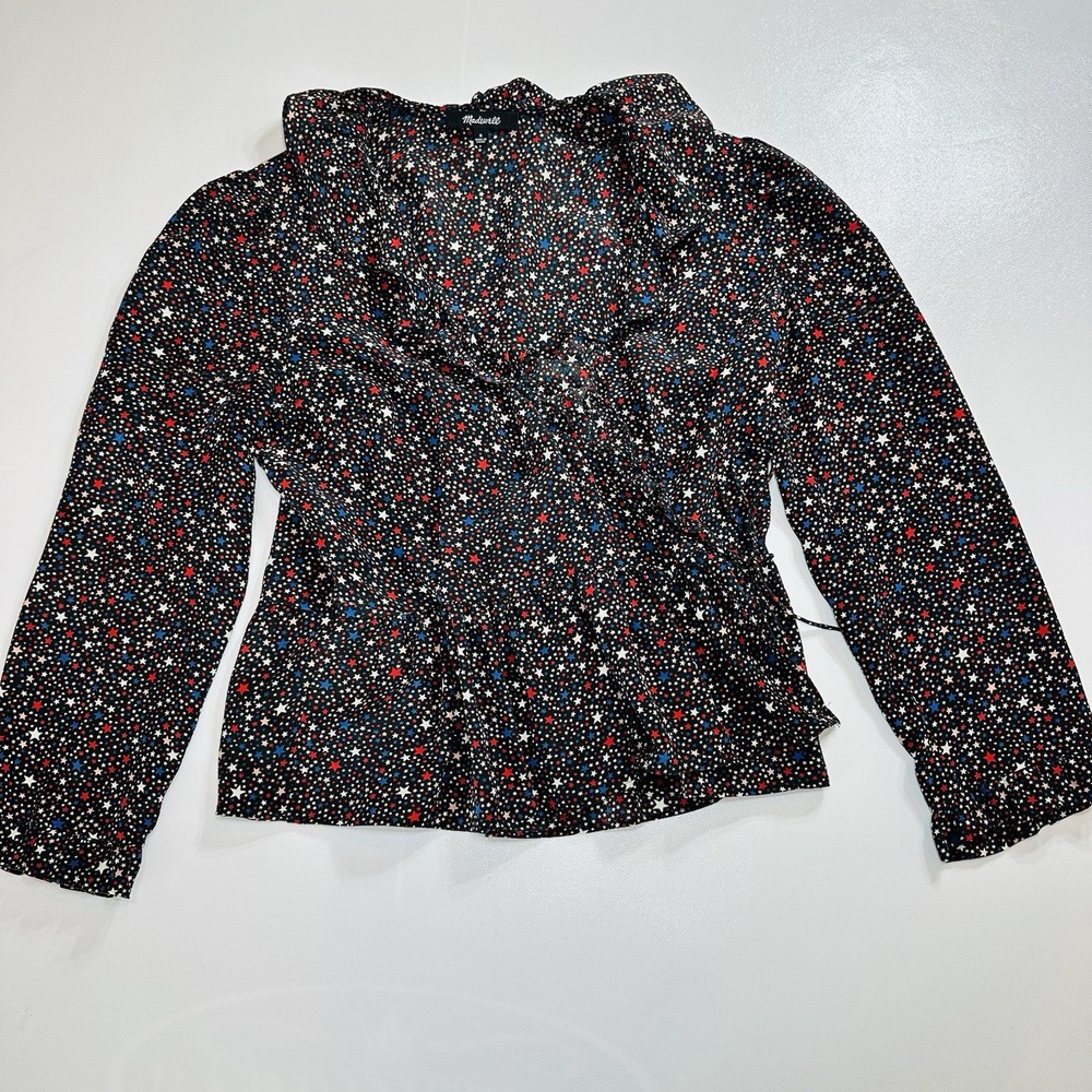 Madewell Silk Wrap Peplum Blouse Star Print Long Sleeve V-Neck Tie Women's Small